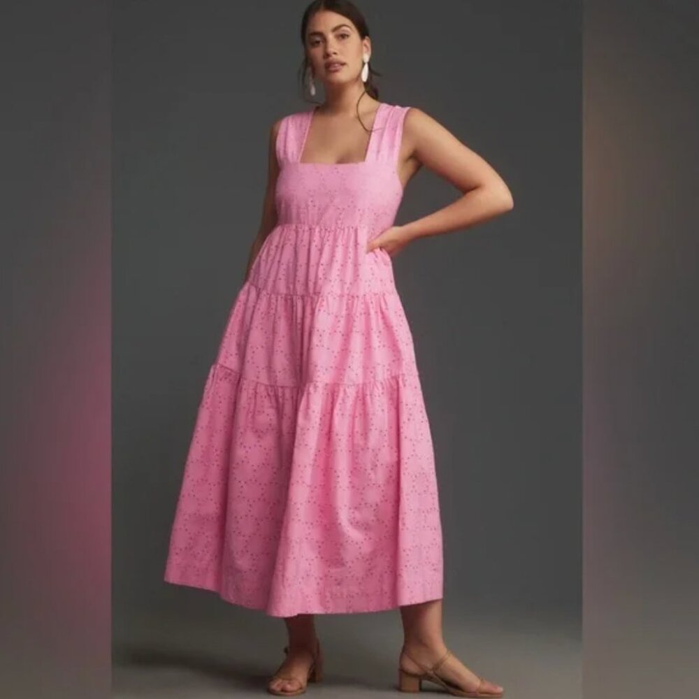 The Helena Square-Neck Smocked Tiered Midi Dress Eyelet Pink Gently Used XLP